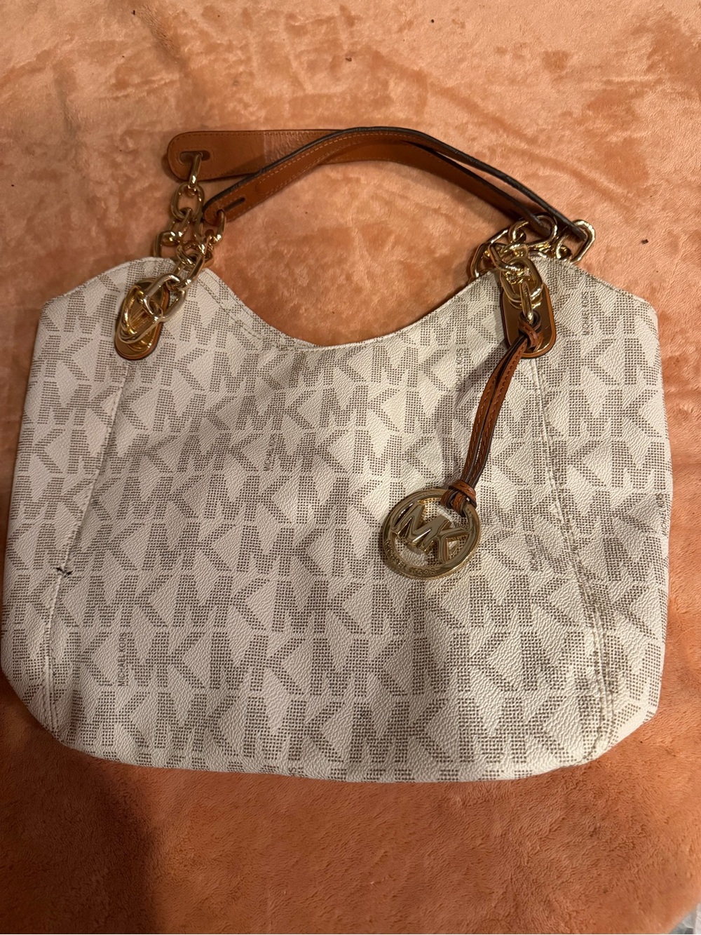 Michael Kors White/Beige MK Logo Shoulder Bag with Tan Leather Handles